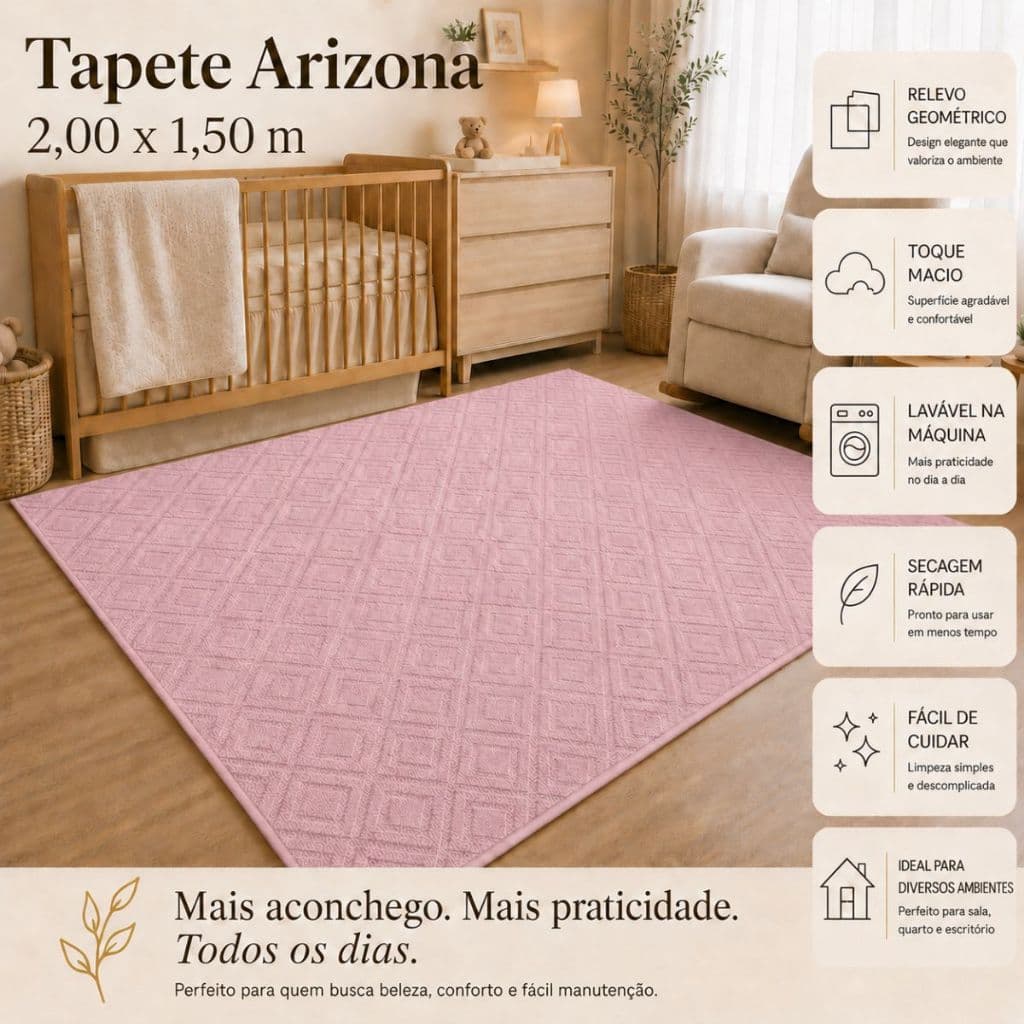 Tapete Sala 2,00x1,50 Rosa Geométrico Alto Relevo Macio Antiderrapante Quarto Escritório