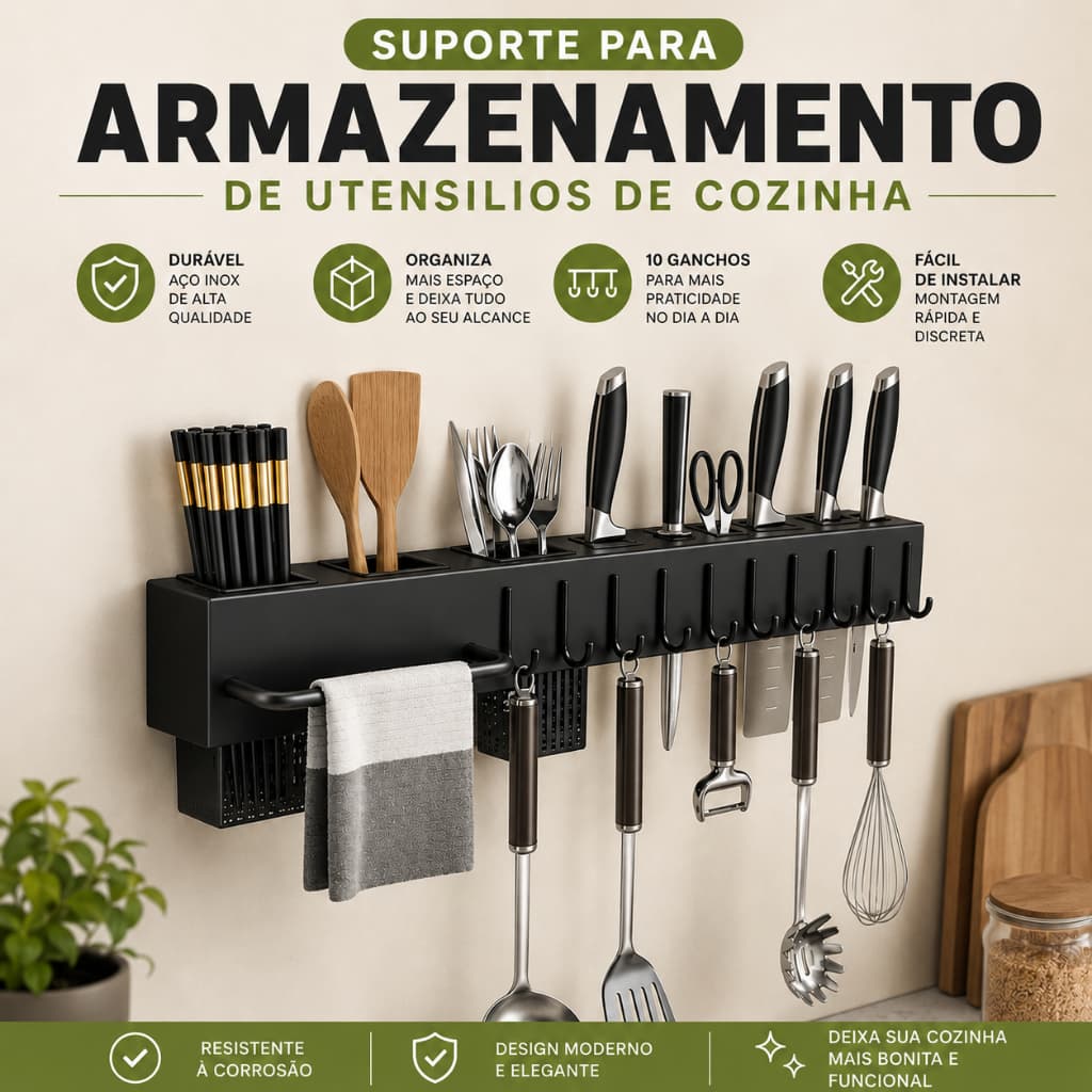 Suporte Organizador De Cozinha Para Facas Talheres Utensílios Com Ganchos Multiuso