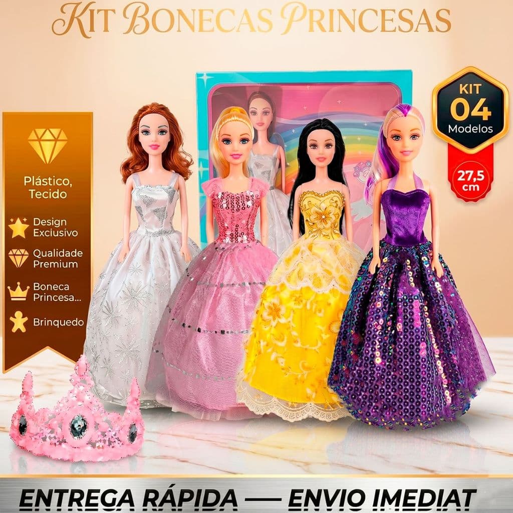 Kit Boneca Princesa 4 Modelos Bonitas Articulada mais Acessorios Brinquedo