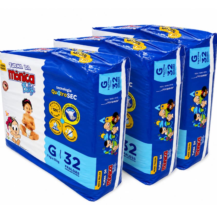Kit com 3 Pacotes Fralda Descartavel Turma da Mônica Baby QuatroSec G 32 Fraldas por Pacote - 7Kg a 11Kg