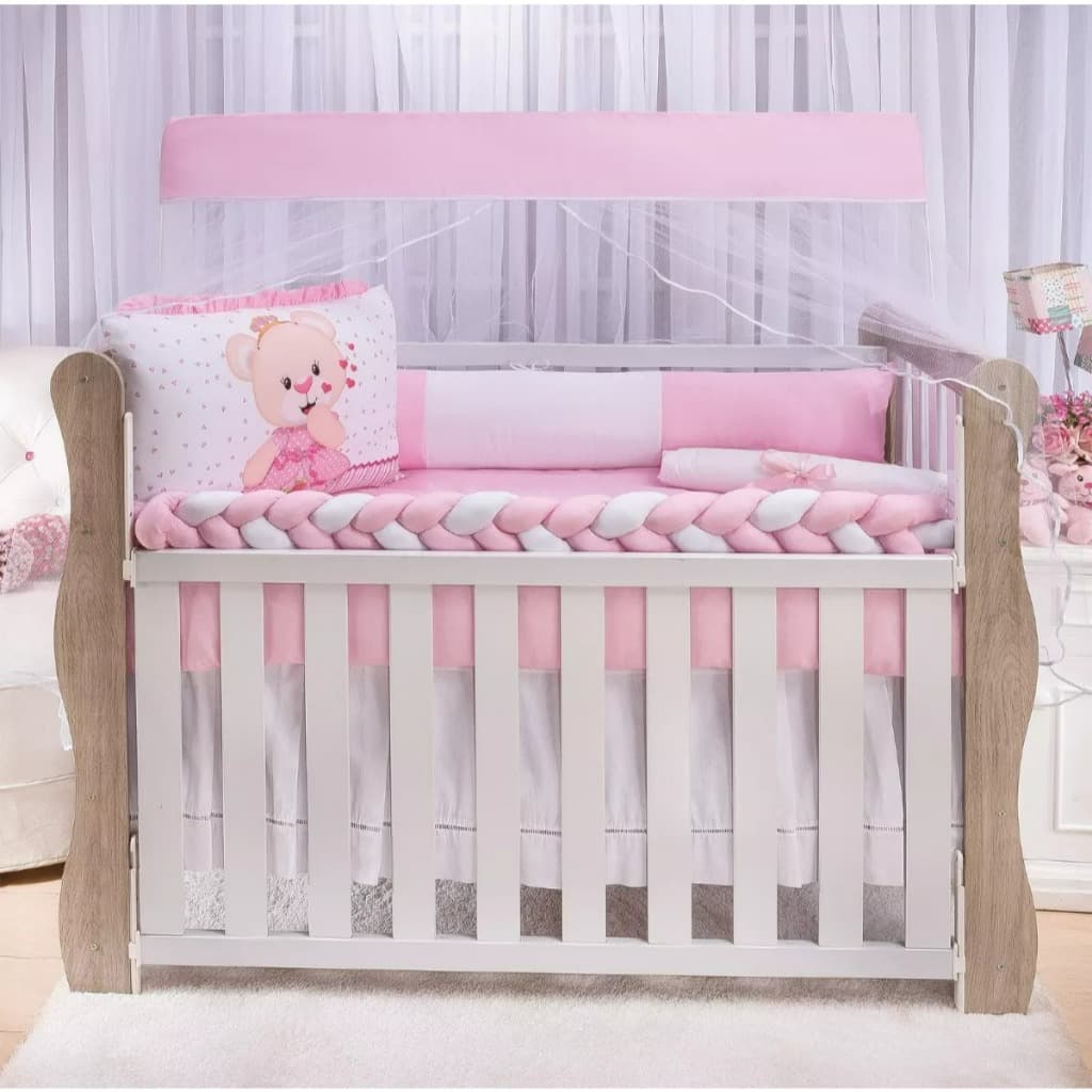 Kit Berço Sublimado Ursinha Rosa Bebê Menina Protetor Com Trança Completo Enxoval Bebe 10 Peças