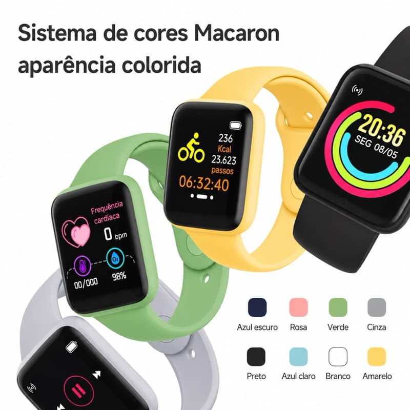 relogio smartwatch Macaron Color Relógio Inteligente Bluetooth Monitor Cardíaco Fitness Android iOS