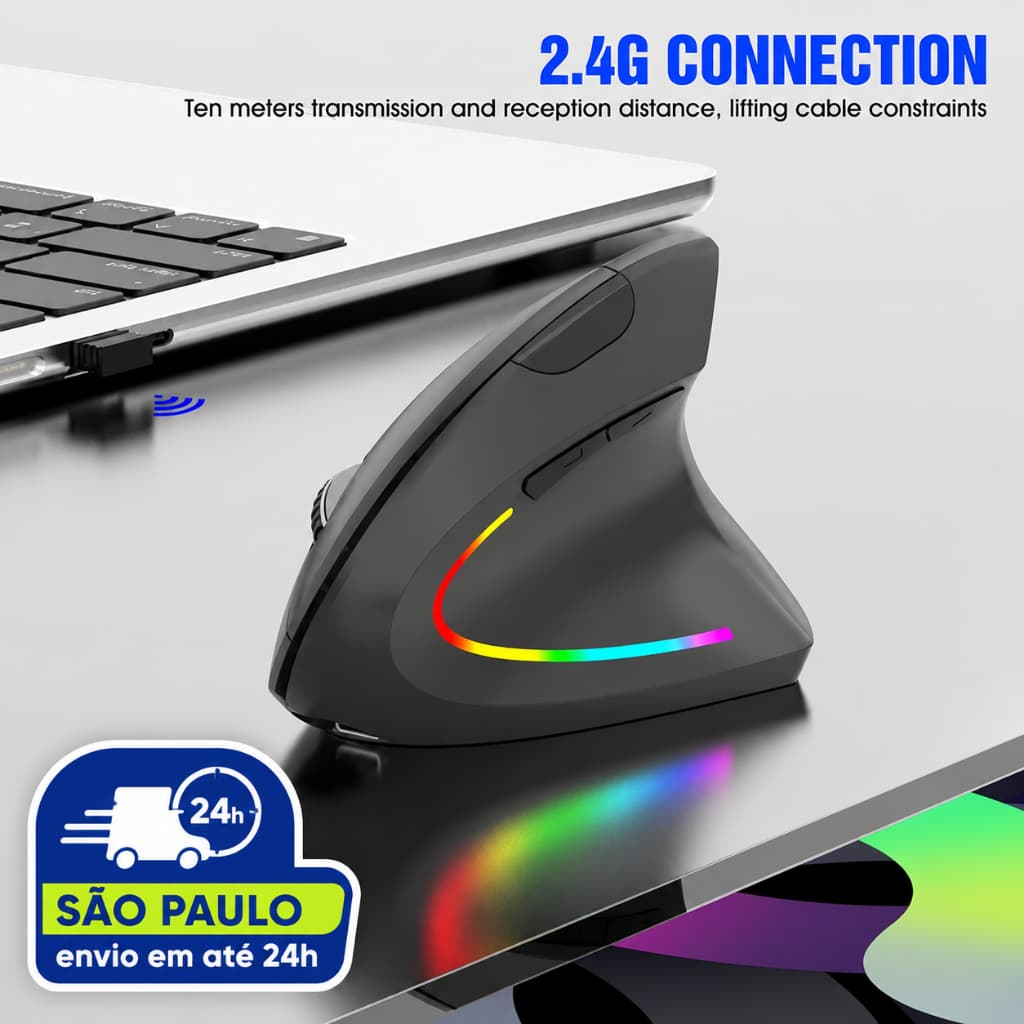 Mouse Vertical Ergonômico Sem Fio 2.4G RGB Gamer Confortável Para Escritório e Home Office