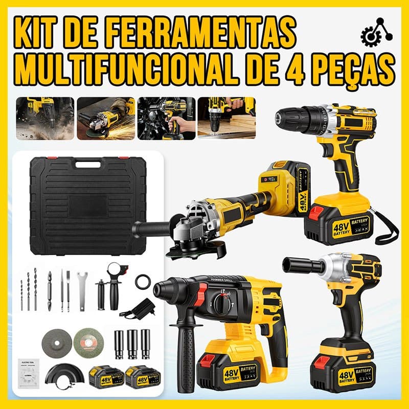 Ferramentas 4 em 1 48V Sem Fio Kit Completo Furadeira Martelete Esmerilhadeira Profissional Portátil