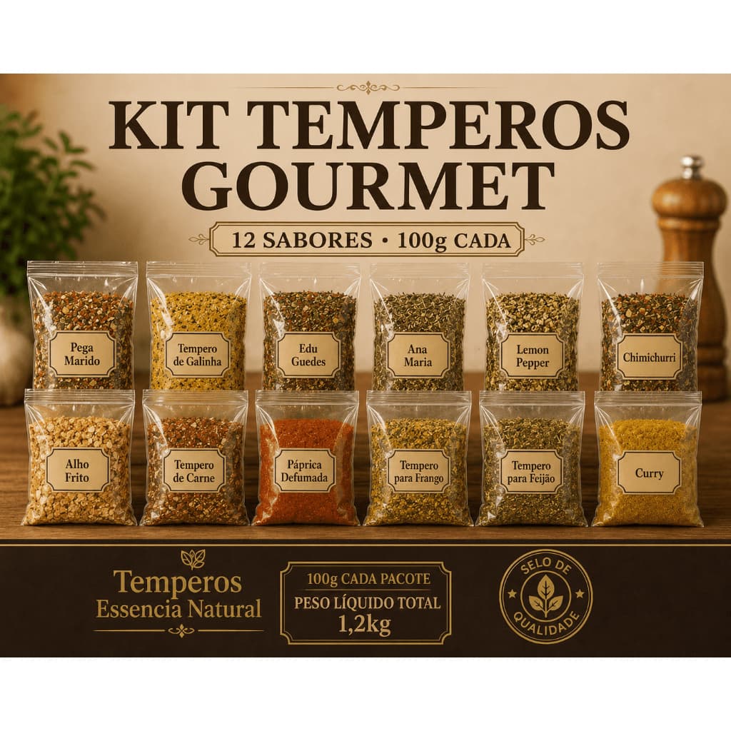 Super Kits Temperos Premium 12 Temperos Naturais 1,2 Kg de Temperos Alta Qualidade Saboros e Frescos