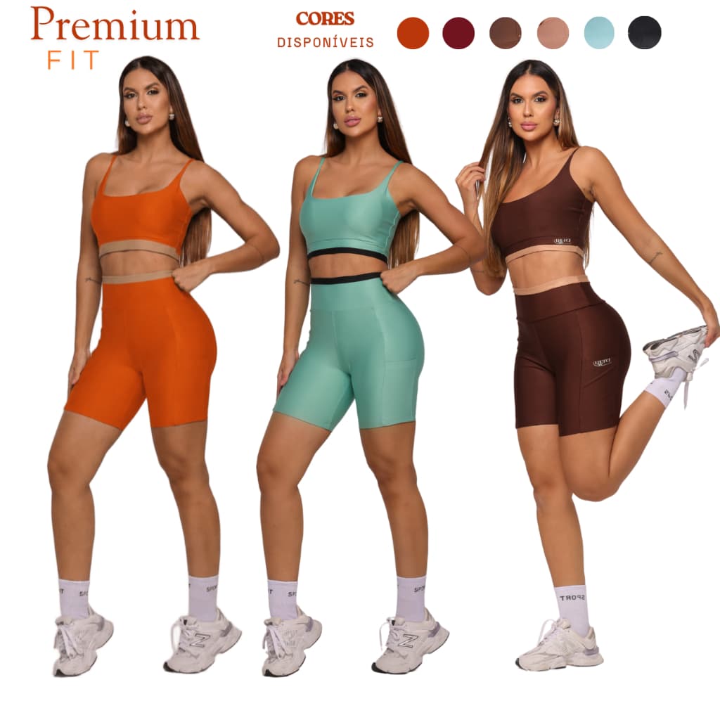 Conjunto Fitness Premium - Short Médio com  Bolsos Laterais + Top Duplo - Roupa de Academia Feminina