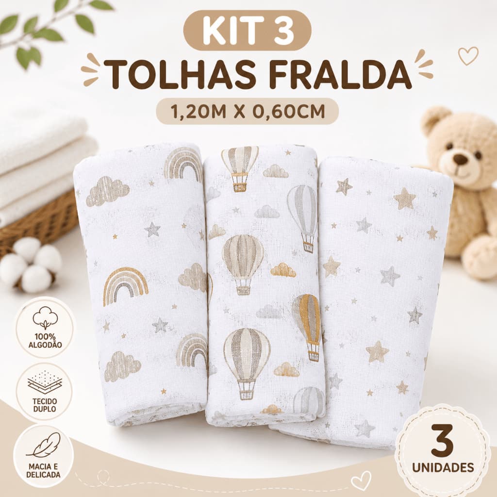 Toalha Fralda Papi Kit 3 Unidades 100% Algodão 1,20 x 60 cm Macia Alta Absorção Estampada