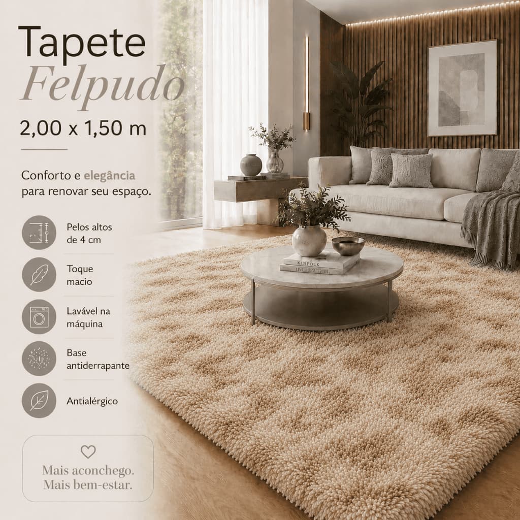Tapete Shaggy Felpudo 1,50x2,00 Pelo Alto 4cm Antiderrapante Lavável Para Sala E Quarto