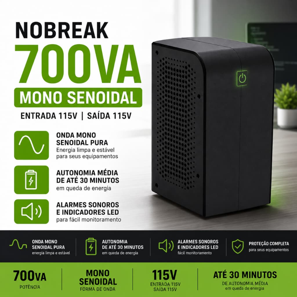 Nobreak 700VA para computador impressora máquina roteador modem entrada e saída 115v mono senoidal preto Force line