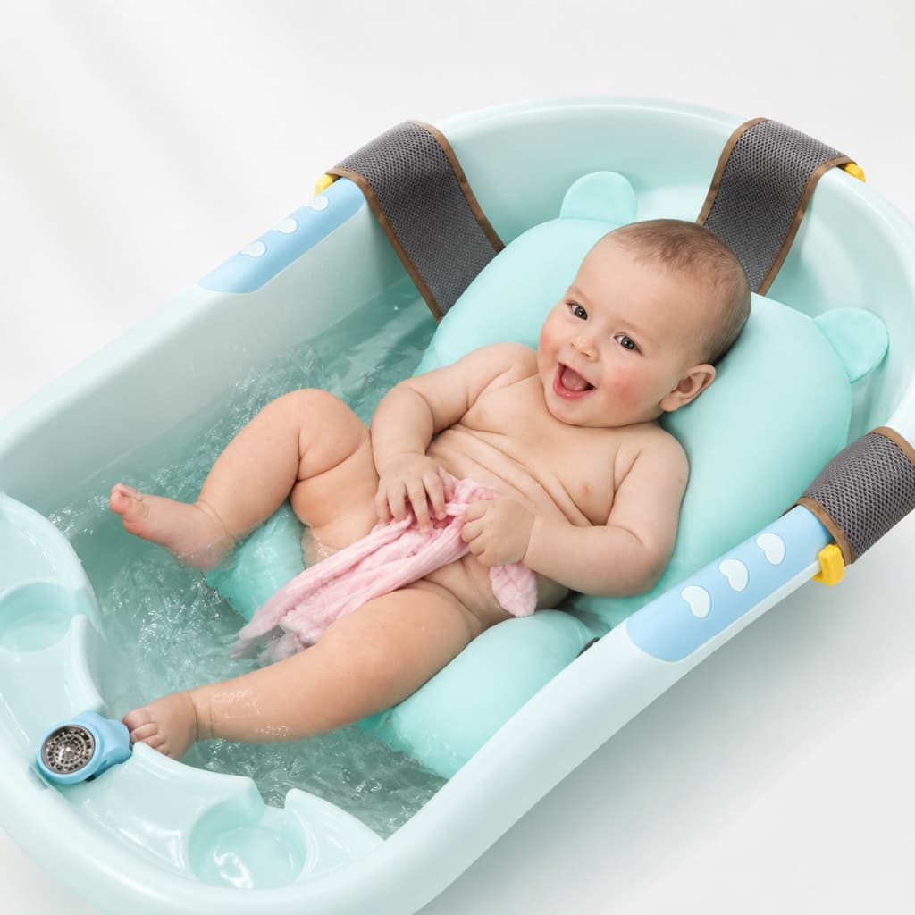 Almofada De Banho Infantil c/ Trava Segura Regulável Antiderrapante p/ Banheira De Bebê/Flutuante