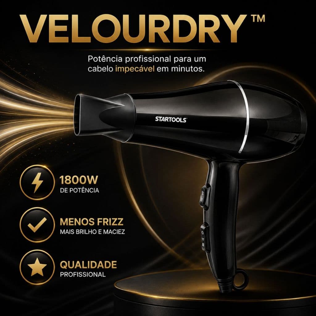 Secador de Cabelo Profissional 1800W VelourDry 127V Potente Anti Frizz 2 Velocidades Preto