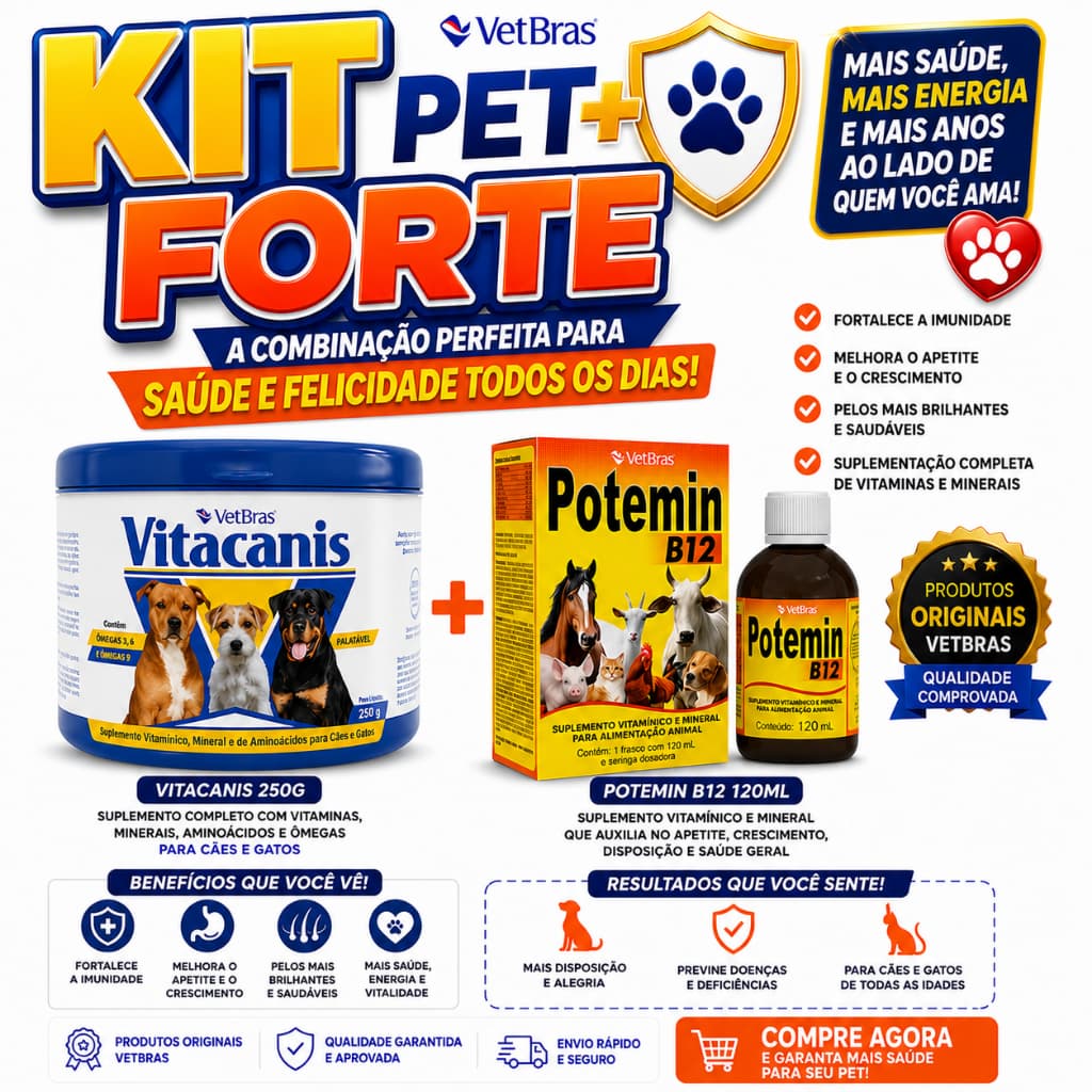 Suplemento Alimentar Para Caes Vitacanis 250g + Potemin B12 - Suplemento Vitamínico e Mineral 120ml