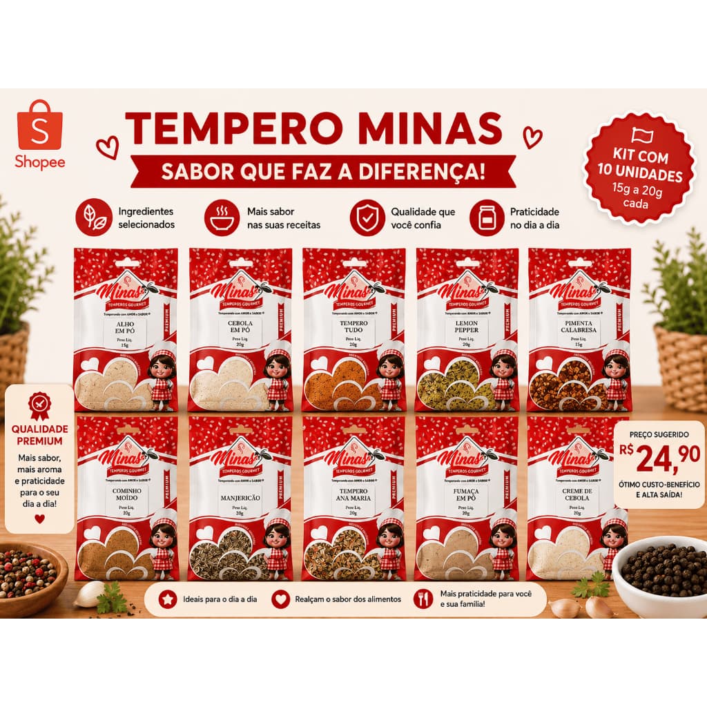 Kit 10 Temperos Sortidos Minas Gourmet 15g e 20g | Alho, Cominho, Lemon Pepper e Mais