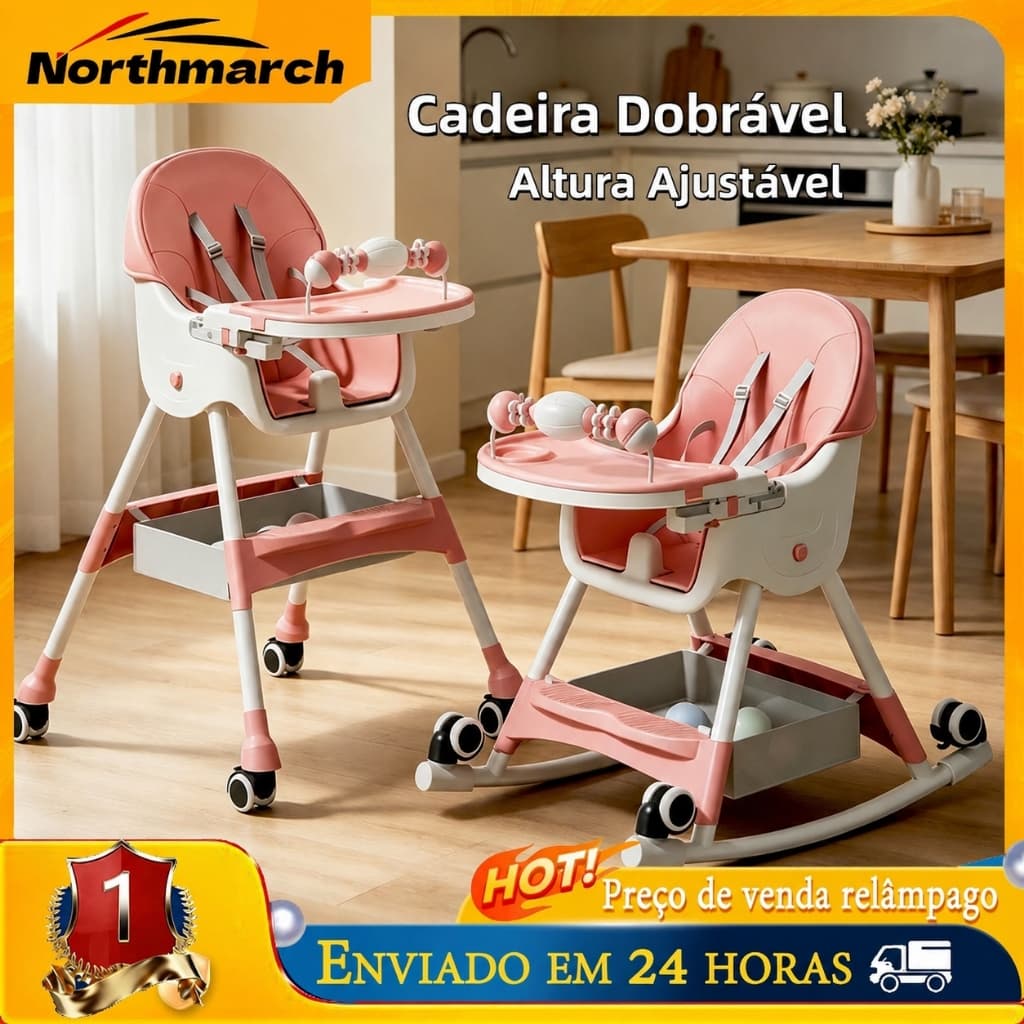 Cadeira Alimentação Bebê Dobrável Multiuso Balanço com Rodas Ajustável