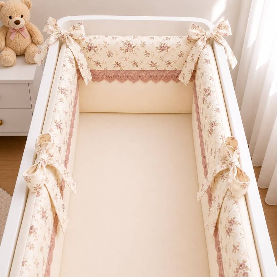 Kit Para Mini Berço Floral Bege Rosê Antigo 3 peças Kit de Mini Berço Bebê Menina