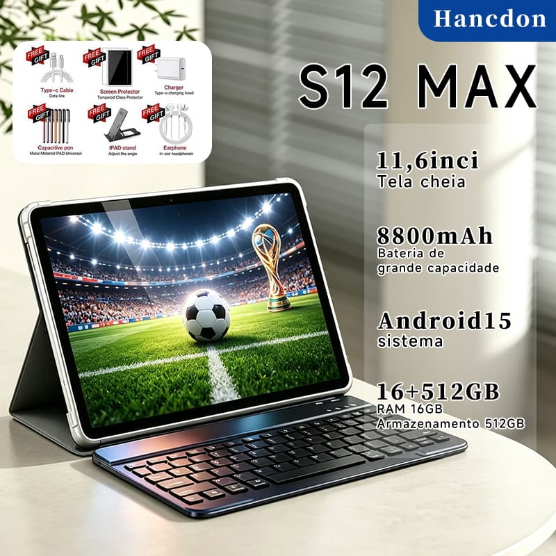 Galaxy Tablet S12 MAX  11.6" Full HD Android 15 com 16GB RAM + 512GB Estudo e Séries – Wi-Fi 6 + 5G GPS  Bluetooth 5.4