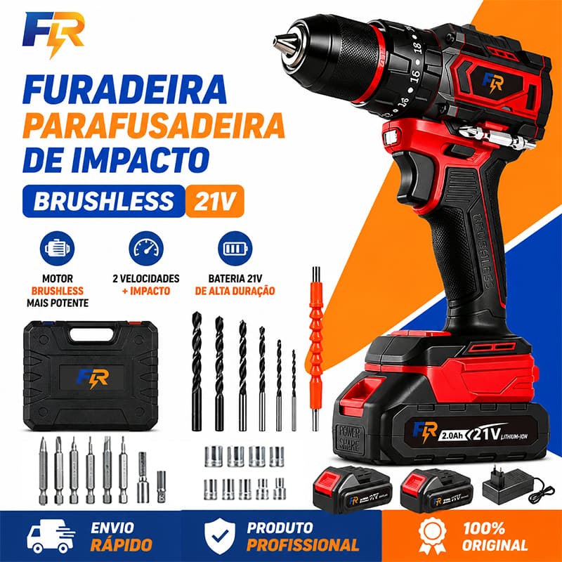 Furadeira Parafusadeira de Impacto Brushless 21V Sem Fio Kit com 27 Peças Profissional