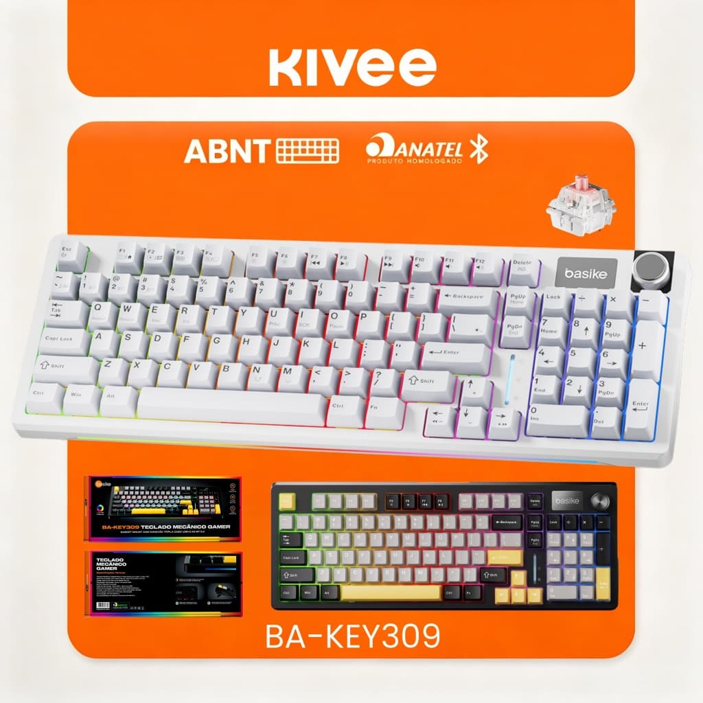 KIVEE Teclado Mecânico Gamer KEY309 Triplo Modo RGB Bluetooth 2.4G Fio Bateria 4000mAh Longa Duração 96 Teclas