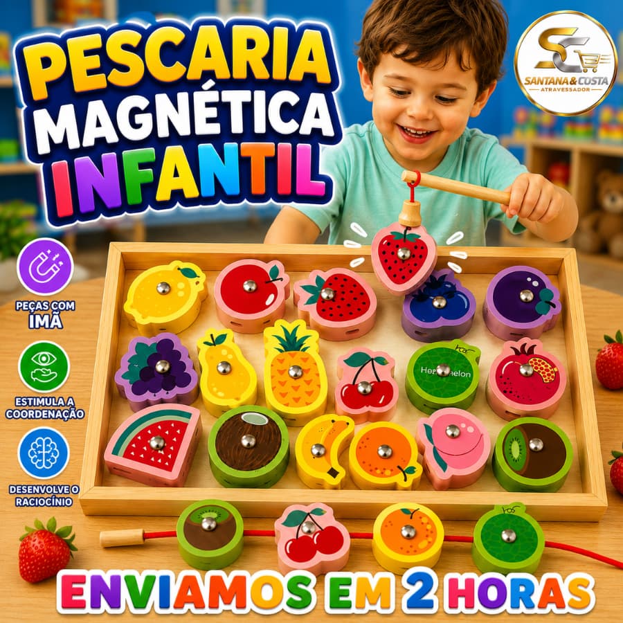 Pescaria Magnética Brinquedo Infantil Montessori de Madeira Educativa Formas Colorida Coordenação Motora Menino e Menino