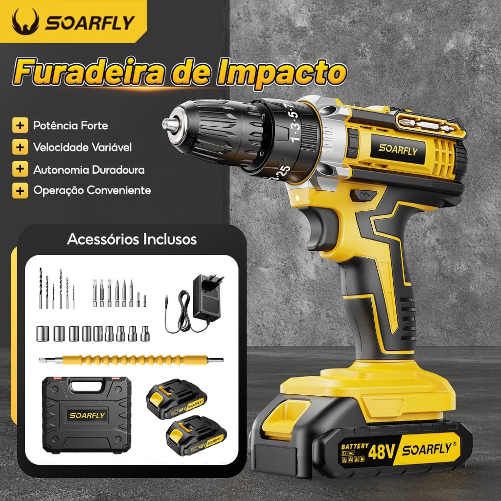 Furadeira Parafusadeira 48V Kit Profissional Sem Fio Com Maleta e Acessórios