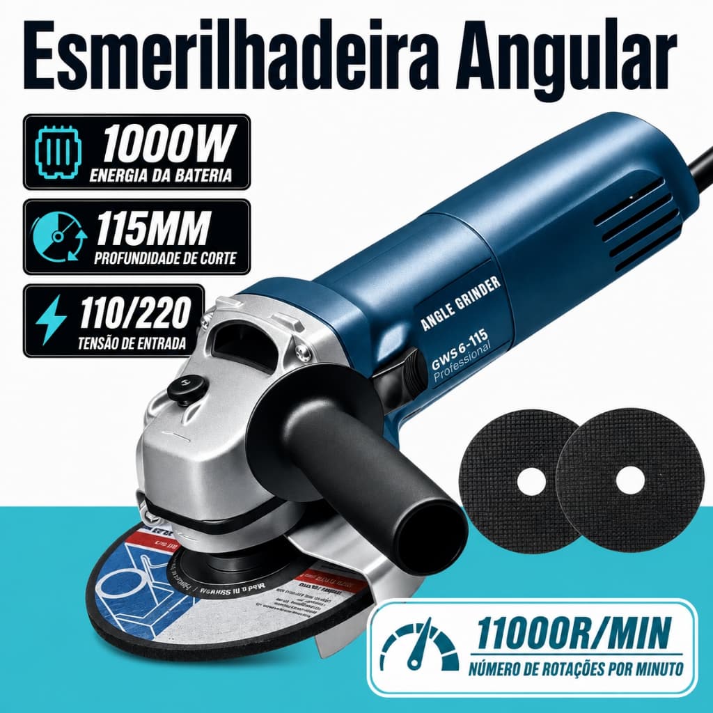 Esmerilhadeira Lixadeira 1000W 115mm Bivolt 110V/220V KINETX Angular 11000rpm Profissional