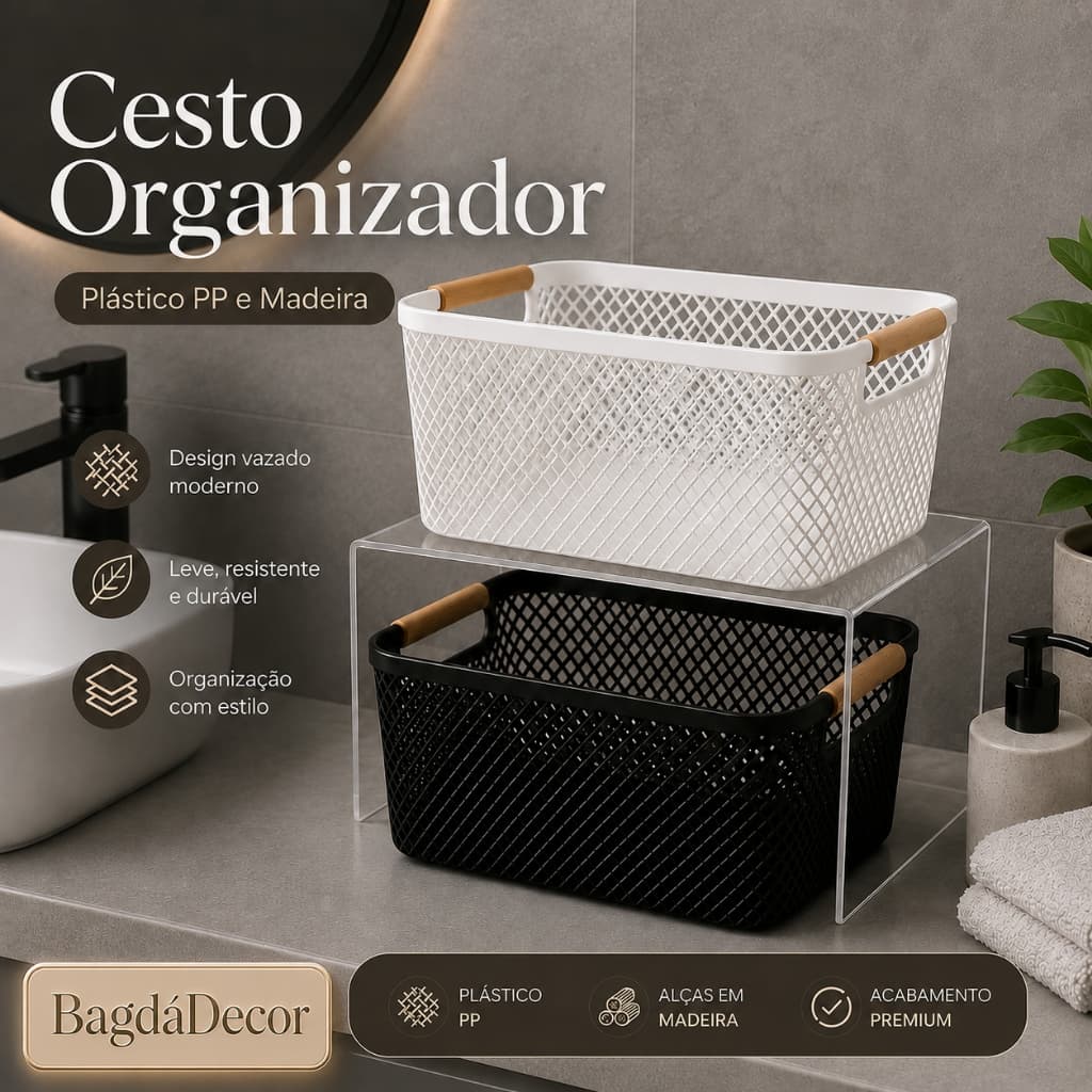 Cesto Organizador de Plástico com Alça de Bambu – Preto ou Branco, Tamanhos M e G Cozinha Banheiro