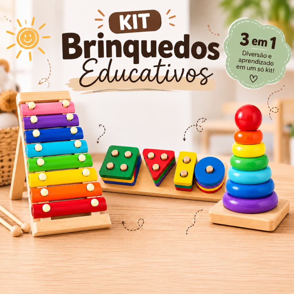 Kit 3 Brinquedos Montessori Pedagogico Educativo de Madeira Encaixe Formas Xilofone Sensorial Didatico