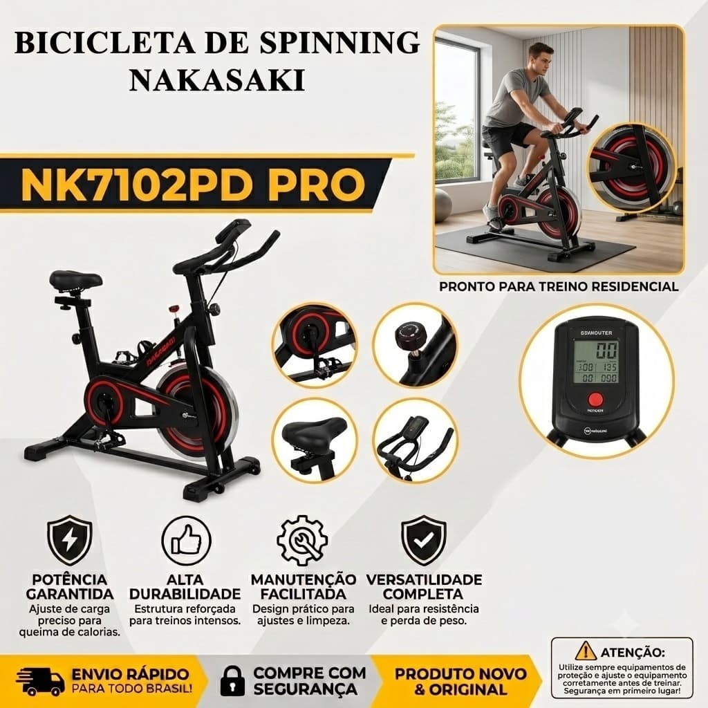 Bicicleta Fitness Spinning Nakasaki NK7102PD PRO Ergométrica Regulável Uso Residencial