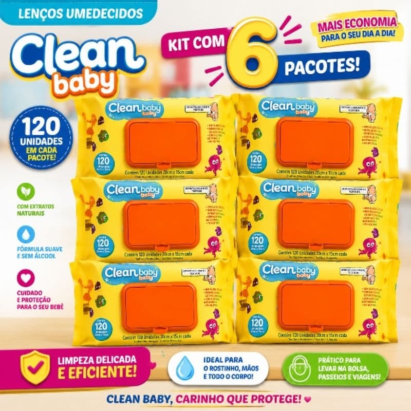 Kit 6 Lenços Umedecidos Clean Baby 120 Unidades Cada | Toalhas Umedecidas com Tampa Flip Top | Macio e Suave para Bebês