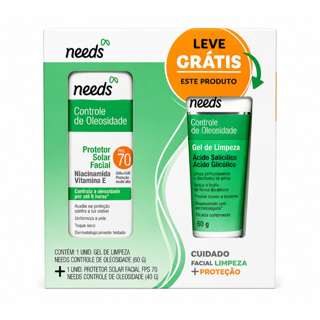 Kit Needs Protetor Solar Facial FPS 70- 40g + Gel de Limpeza Controle de Oleosidade 60g
