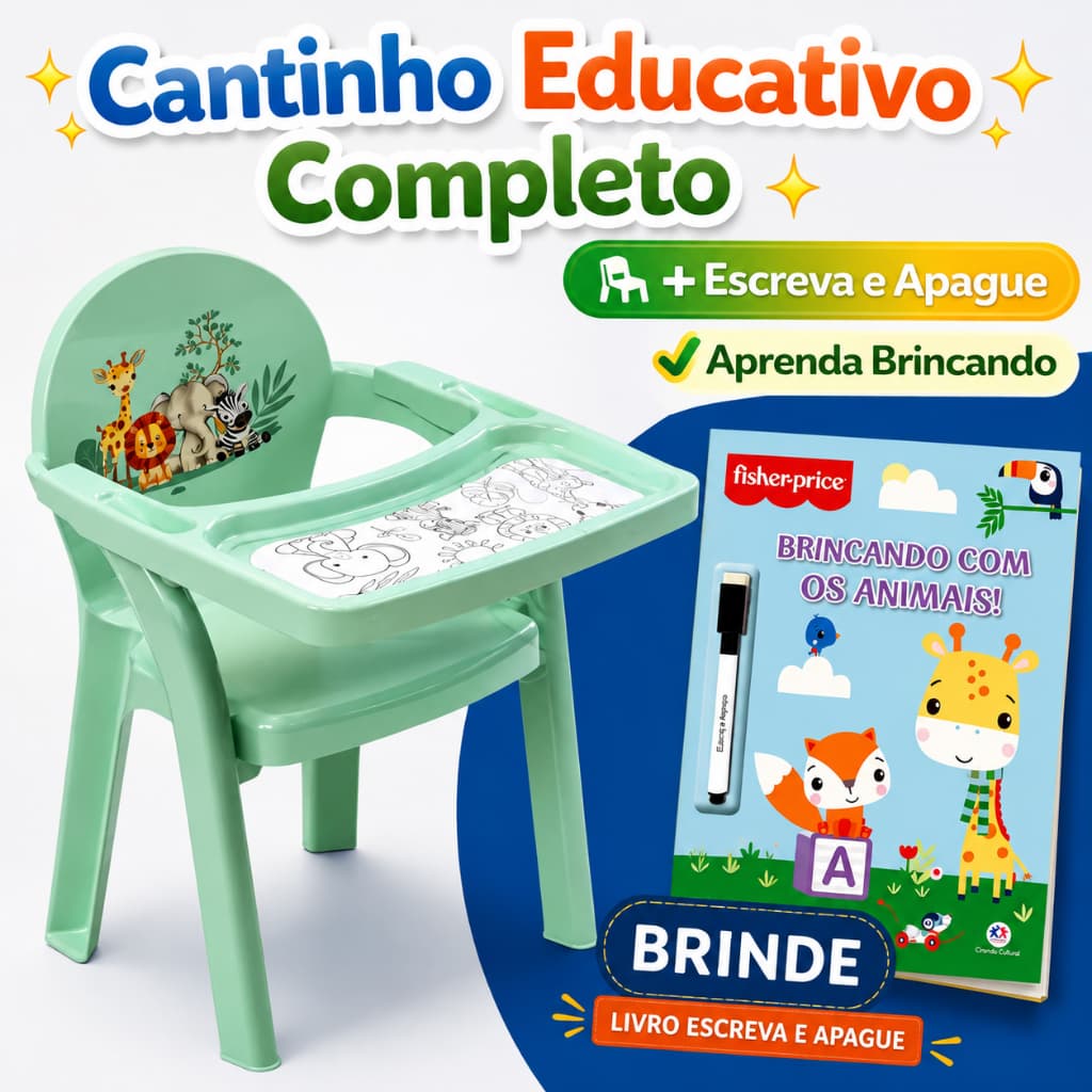 Cadeira de Alimentação Plasútil Infantil Safari + Livro Educativo Escreva e Apague