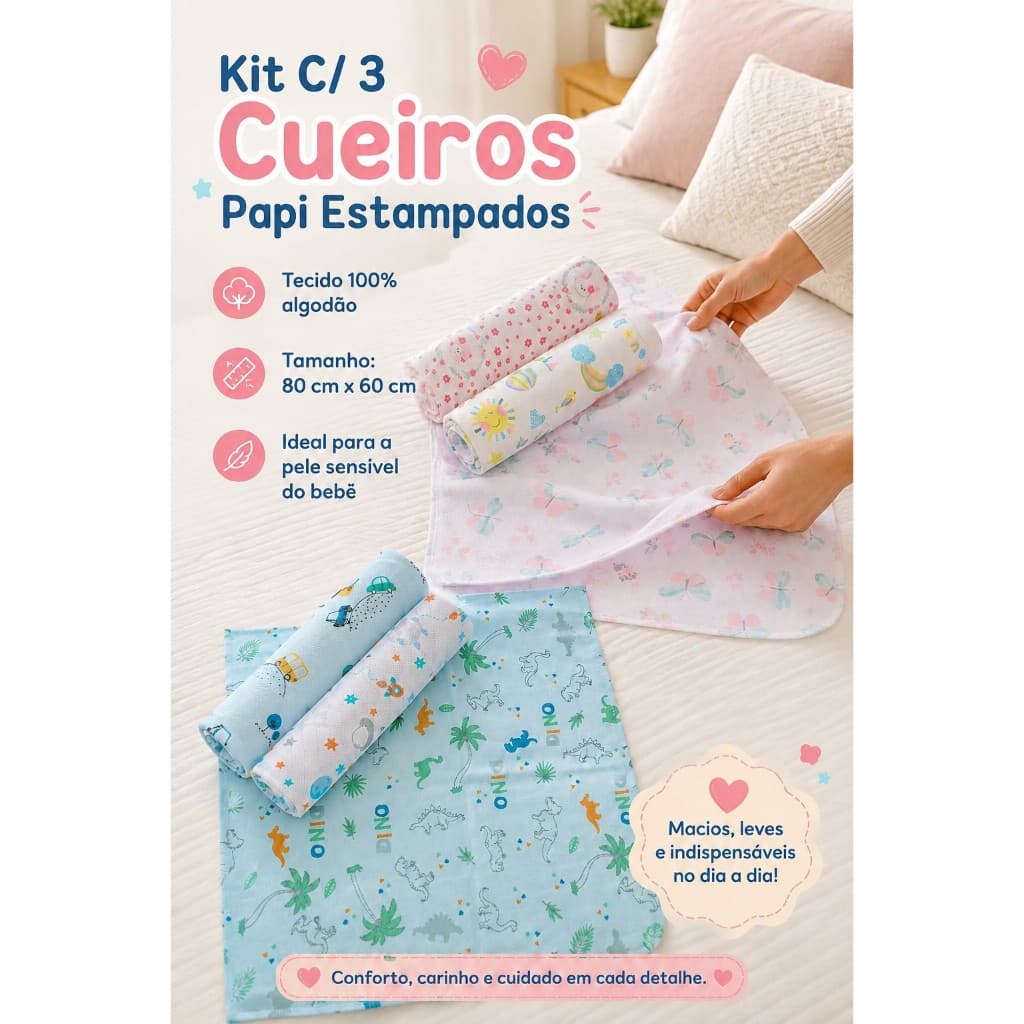 Kit C/ 3 Cueiros Papi Estampados Karinho Bebê Enxoval 80cm x 60cm
