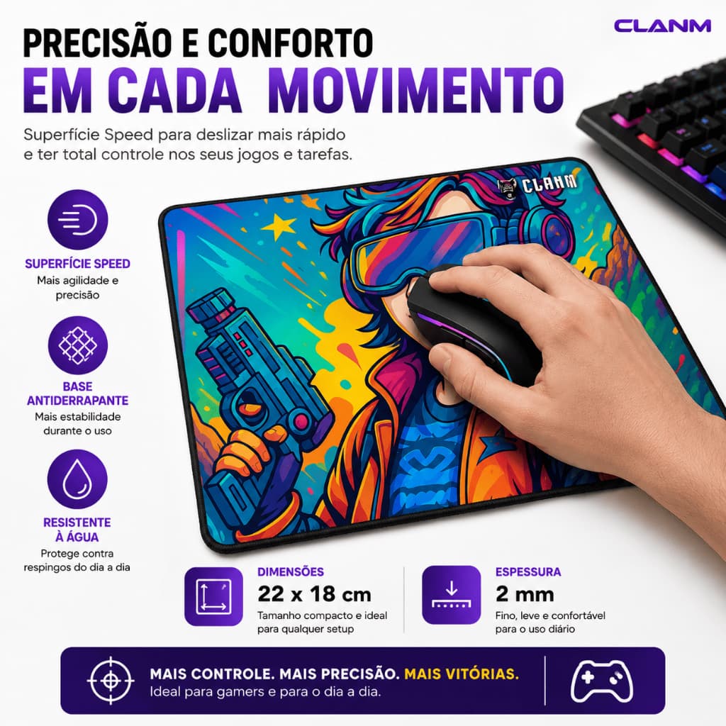 Mousepad Gamer CLANM Mouse Pad 22x18cm Base Antiderrapante Superfície Speed 220x180mm  para PC Notebook Home Office