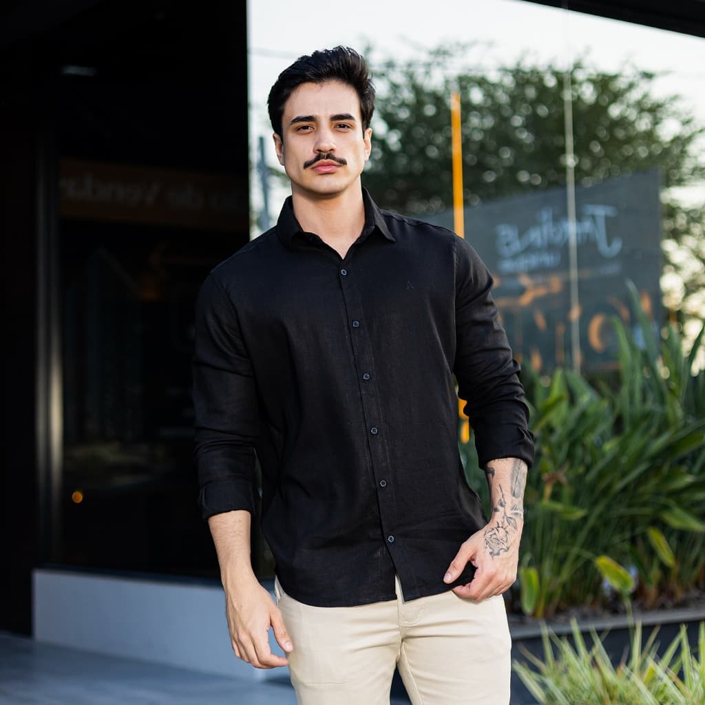 Camisa Social Masculina Manga Longa Linho Casual Slim Fit Premium