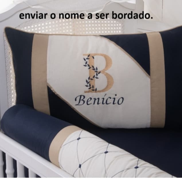 KIT ENXOVAL PARA BERÇO BEBÊ - MODELO THEO PALHA COM MARINHO - PERSONALIZO COM O NOME DO SEU BEBÊ - COM SAIA