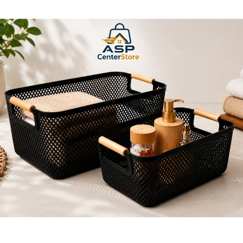 Cesto Organizador Multiuso Alça de Bambu Cozinha Banheiro Closet Lavanderia Quarto Despensa Armário Plastico