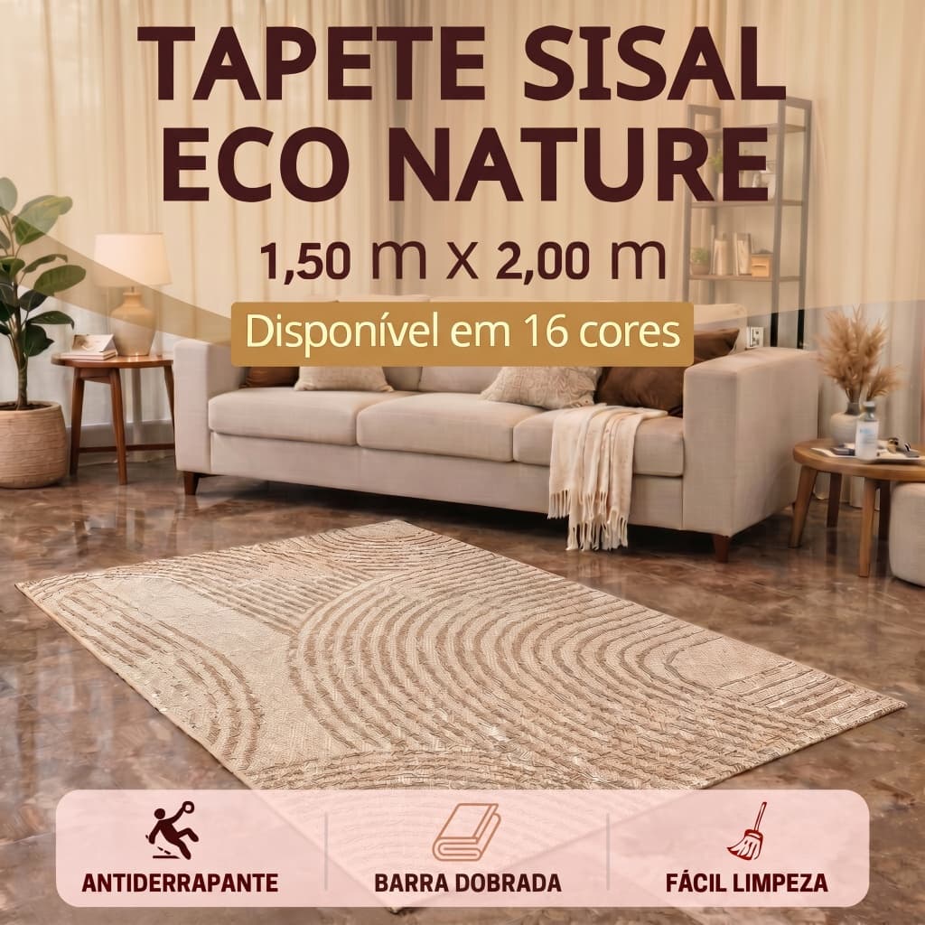 Tapete Sala 200x150 cm Sisal Antiderrapante J. Serrano Eco Nature Riviere Slim Rústico Escritório