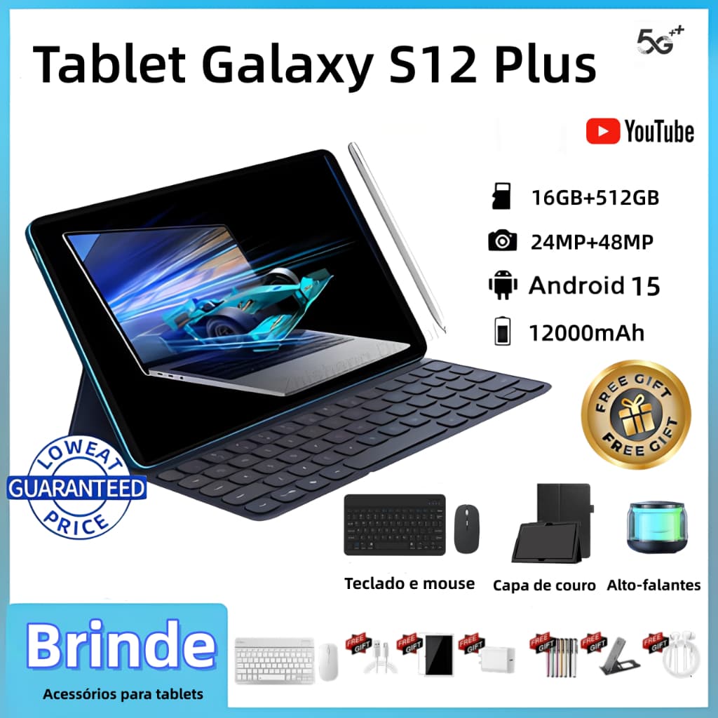 【Teclado e mouse gratuitos】Tablet Galaxy S12 Pro de 12.8polegadas 16 GB + 512 GB 12000 mAh Tablet Android 5G wifi