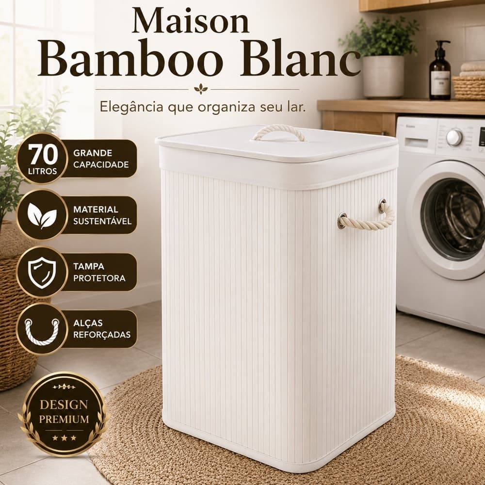 Cesto Organizador de Bambu Branco 70L com Tampa e Alças Cesto de Roupas Grande para Lavanderia Quarto Closet Banheiro