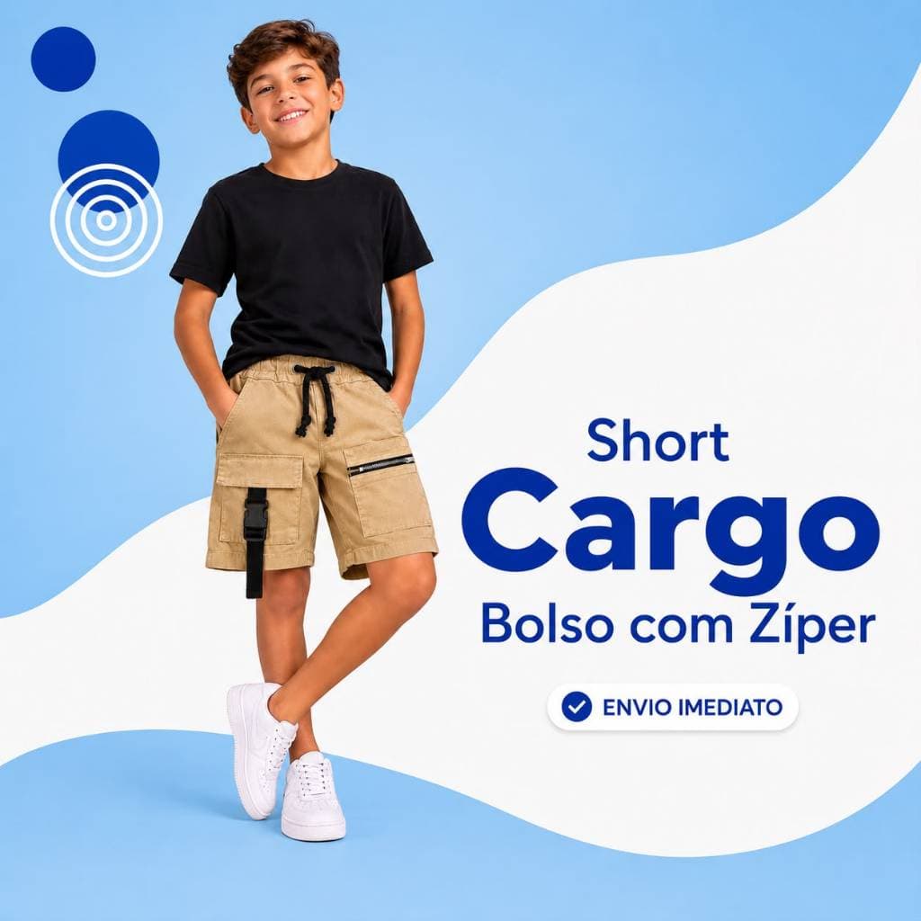 Short Cargo bolso ziper Infantil Masculino com Regulador e Zíper Estilo e Conforto