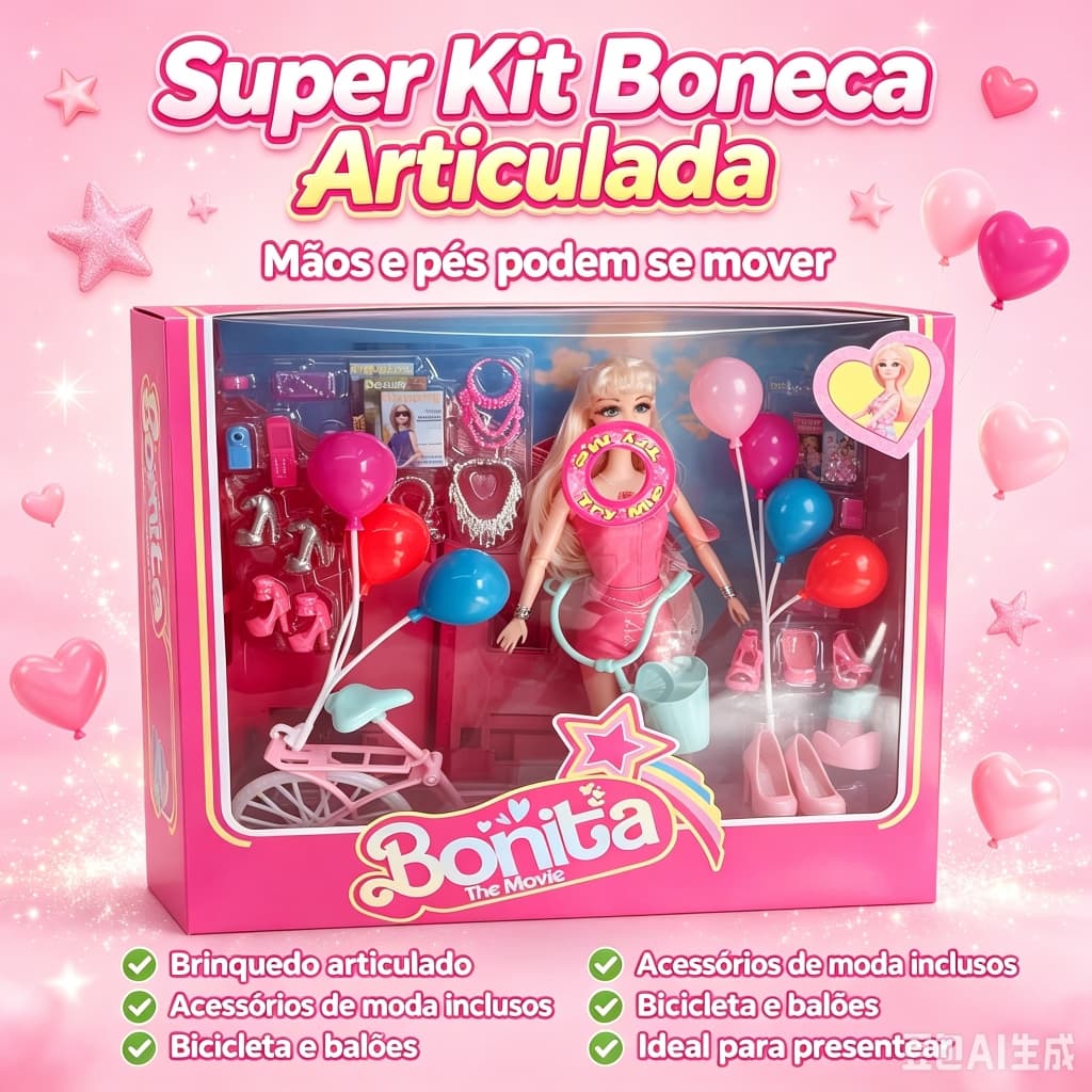 Boneca Articulada  Musical com Bicicleta e Acessórios – Luzes LED e Som