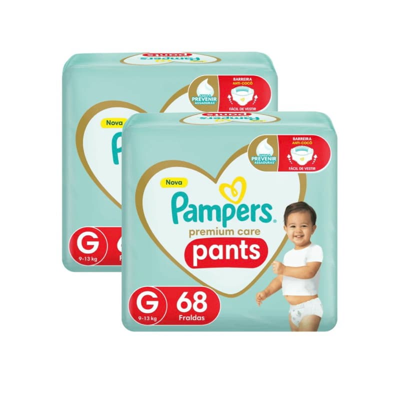 KIT com duas unidades Pampers Premium Care Pants G totalizando 136 fraldas.