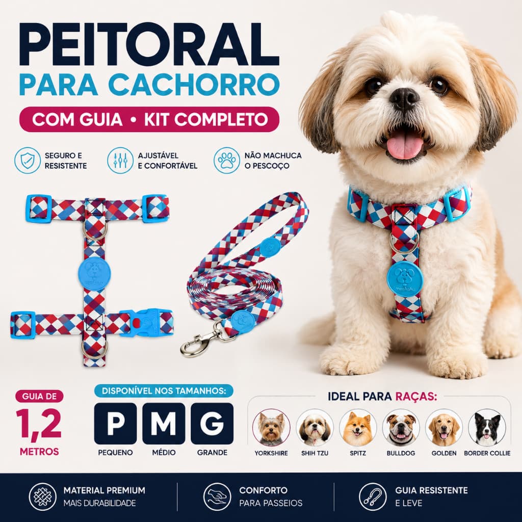 Kit Peitoral Cachorro + Guia Reforcada  Ajustavel P M G York Shih Tzu Spitz Bulldog Golden Border