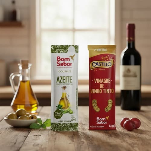 Azeite de Oliva e Vinagre em Sachê (Kit) Porções Individuais Práticas para Saladas, Marmitas, Viagem e Delivery