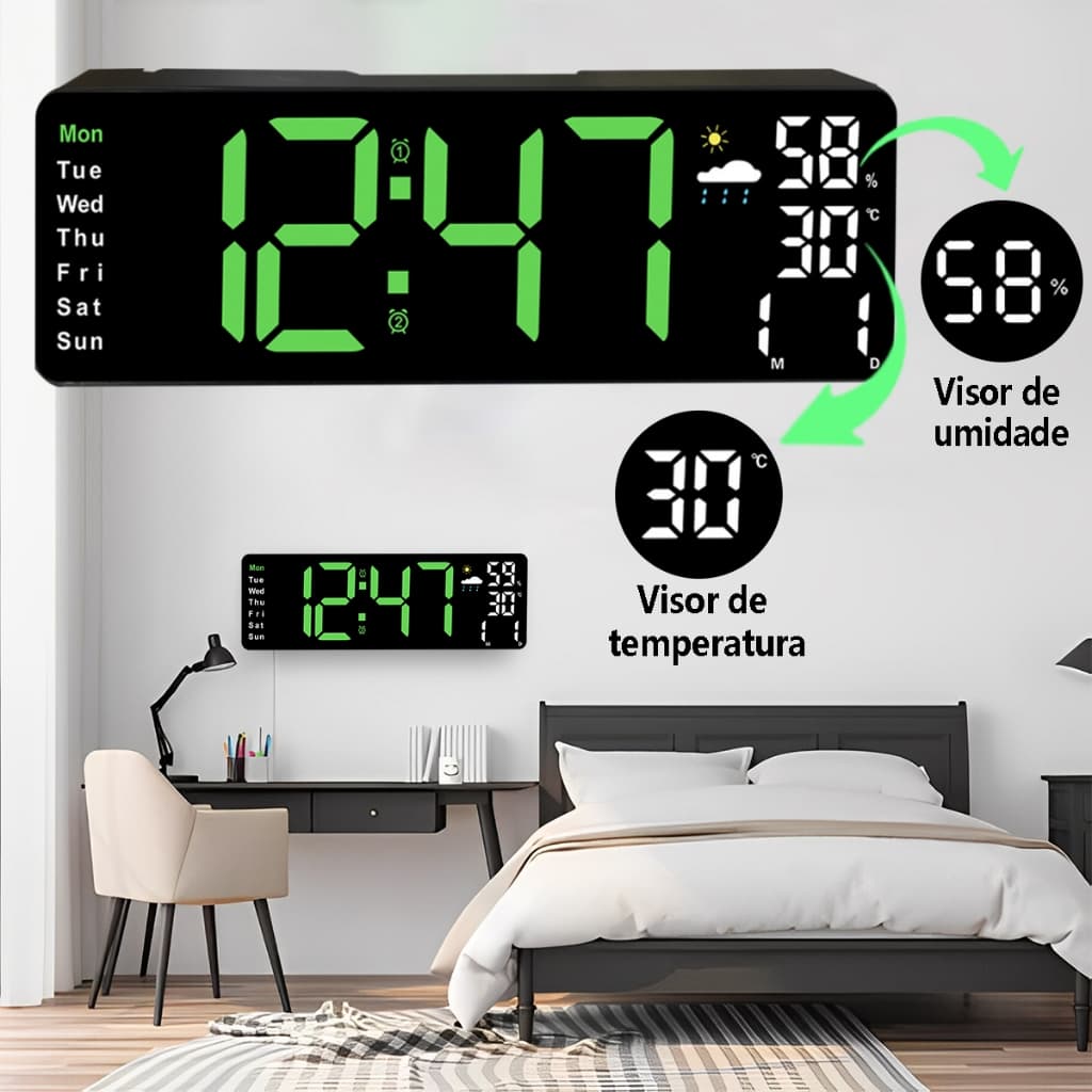 Relógio Grande Despertador Digital LED Com Termômetro Calendário Timer Mostra Semana E Hora