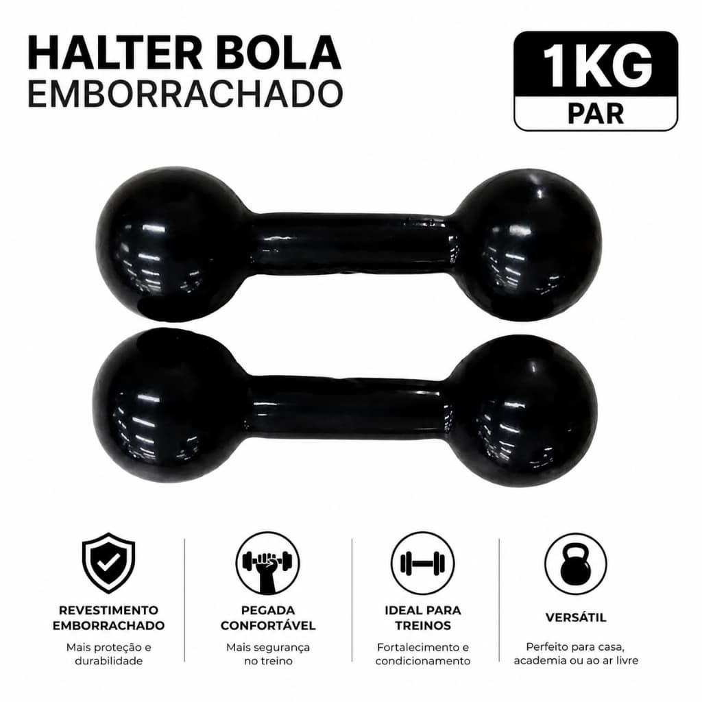 Par Halter Bola Emborrachado 1kg Ferro Fundido Academia Musculação Fitness Preto