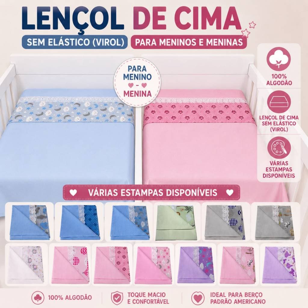 Lençol SEM ELASTICO TIPO VIROL para berço padrão americano ou chiqueirinho 100% algodão