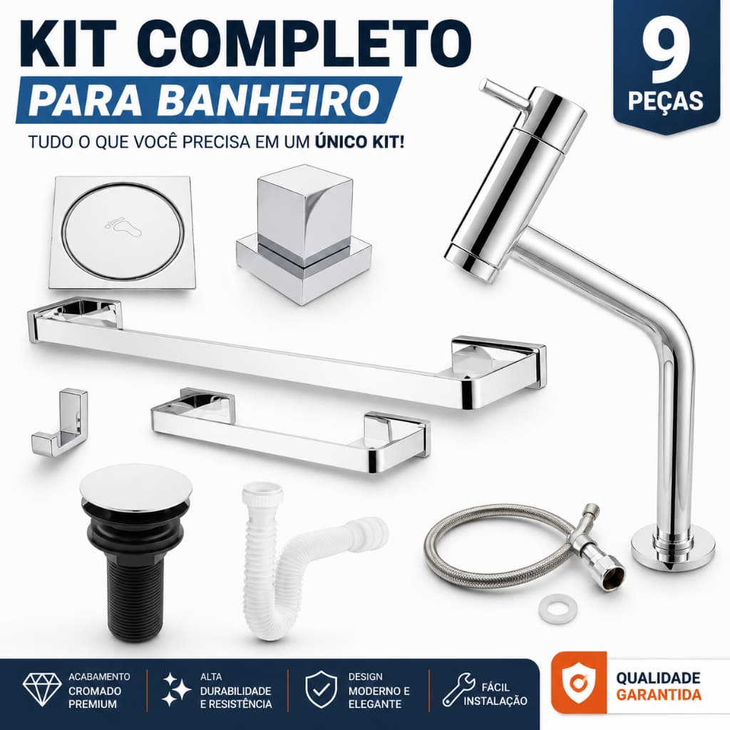 Kit Banheiro Cromado Completo Luxo Torneira Alta Válvula Click Sifão Engate Porta Toalha Cabide Saboneteira Acessórios P
