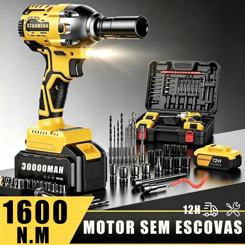 1600NM Chave de Impacto Elétrica Sem Fio Com 72V Bateria Motor Brushless Kit Completo Acessórios