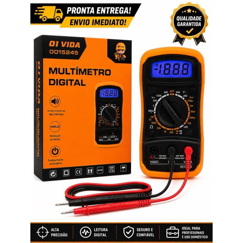 Multímetro Digital OiVida 0015245 LCD AC/DC Profissional com Teste de Continuidade e Diodo